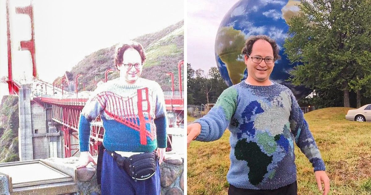 A Guy Makes Sweaters That Look Exactly Like Famous Places and Then Poses in Front of Them