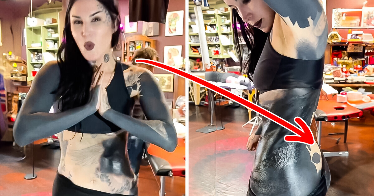 Tattoo Artist Chooses to Conceal Unwanted Tattoo by Inking Herself Entirely in Black Tattoo Artist Chooses to Conceal Unwanted Tattoo by Inking Herself Entirely in Black