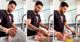 A Dad Is Criticized for Bathing His Baby While Washing the Dishes