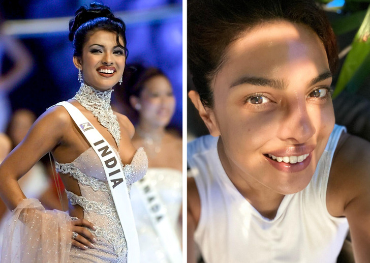Collage of Priyanka Chopra, on the left, representing India in Miss World 2000 and, on the right, a current photo of her without make-up.