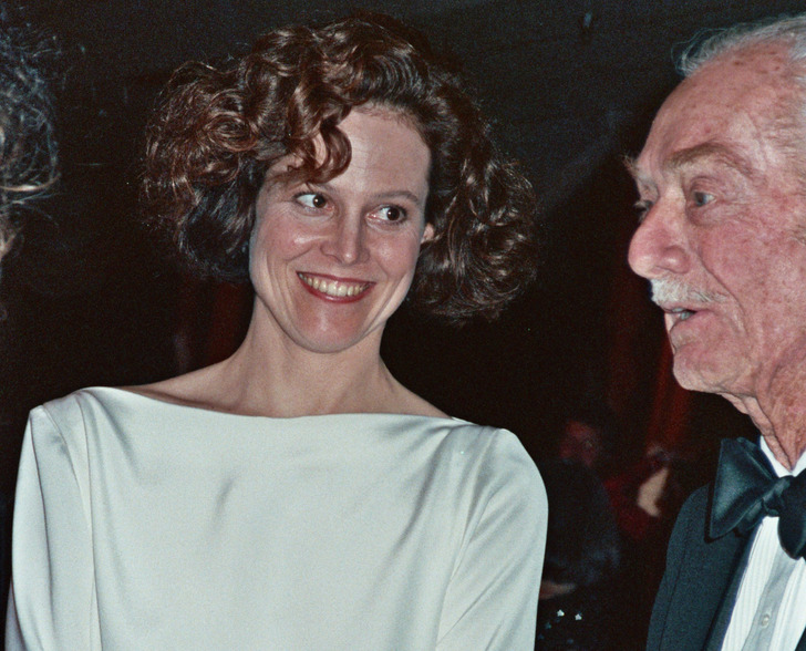 Sigourney Weaver with her father, Pat Weaver, 1989