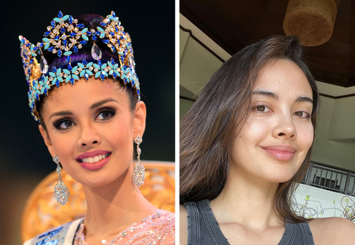 Woman wearing a blue bejeweled crown and big earrings on the left and, on the right, the same woman taking a selfie without make-up.