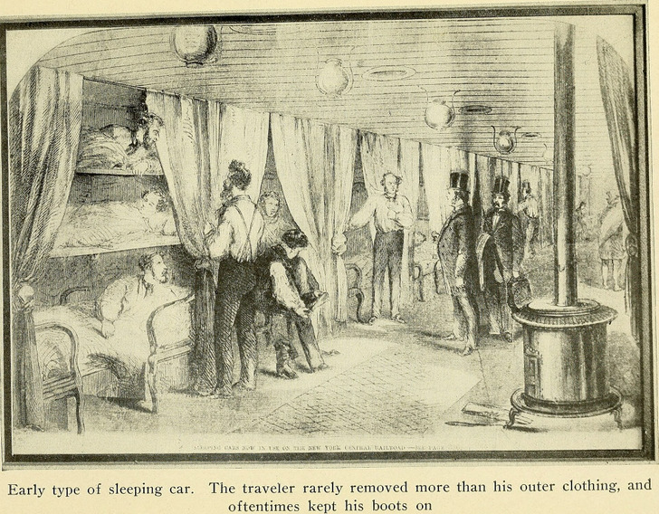 An early sleeping car with curtained berths, from The Story of the Pullman Car, 1917