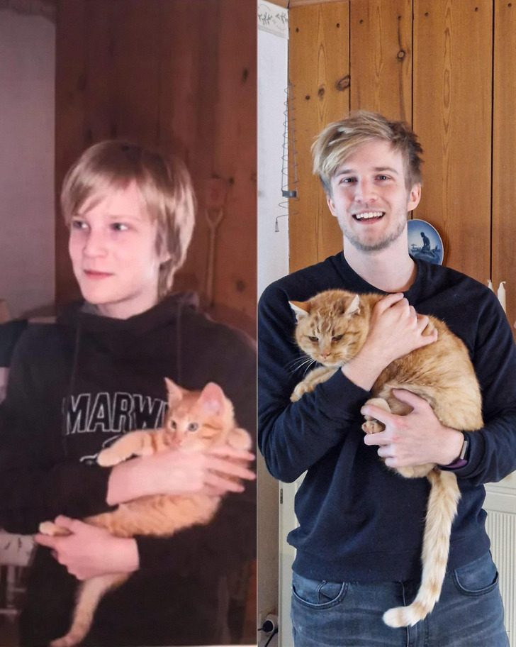 A Boy and His Cat Ralf in the Same Spot, 20 Years Apart
