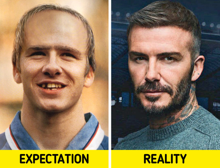 A side-by-side comparison on how people expected to see David Beckham along the years and now.