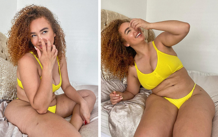 Curly-haired woman wearing yellow panties and bra.