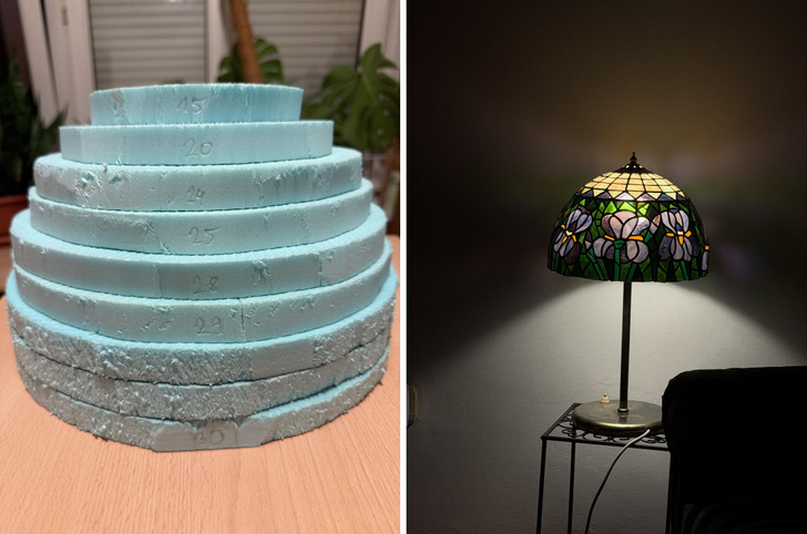 A First Lampshade With Irises, Built Over a Mold Made From Leftover Foam