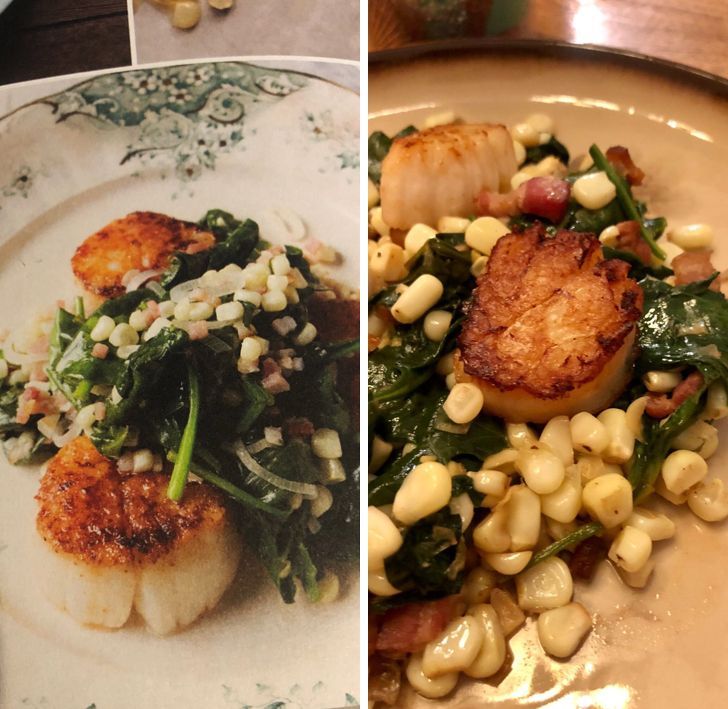 A comparison between a meal's cookbook photo and the real dish someone cooked, both looking similar.