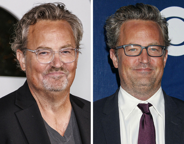 Side by side close-ups of Matthew Perry wearing glasses.