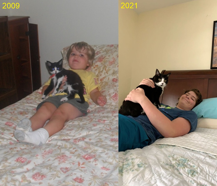 A Boy and His Black-and-White Cat on the Same Bed, 2009 and 2021