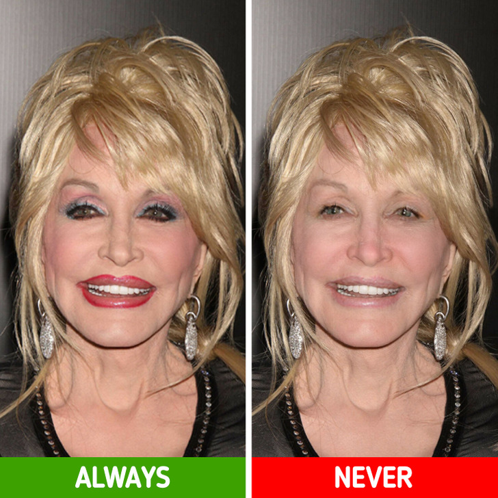 Side by side comparison of Dolly Parton with and without makeup.