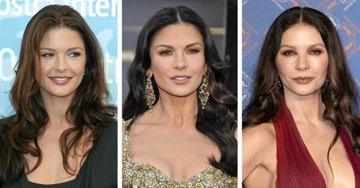 Three close-up photos showing Catherine Zeta-Jones in various stages of her life.