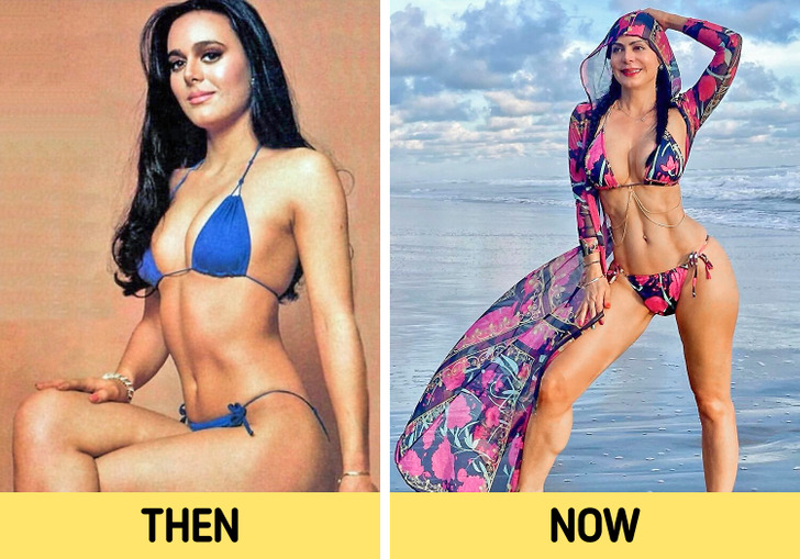 A collage of two photos of a model wearing a bikini, one when she was young and the other when she's older.