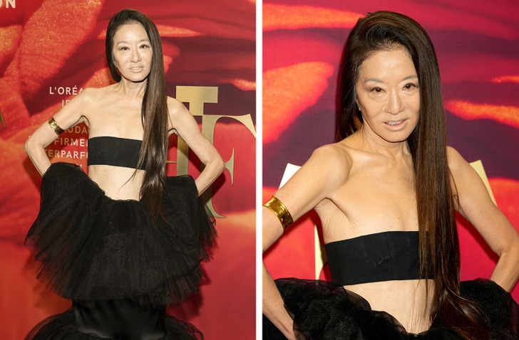Vera Wang pulls off a tiny bandeau top that flashes her tummy at age 73
