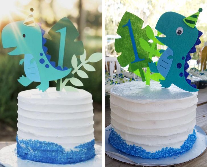 A dinosaur-themed birthday cake, the inspiration and the one that was made after it.