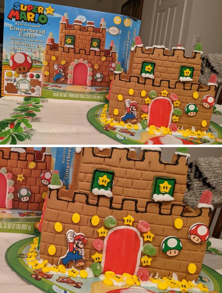 A Super Mario birthday cake beside the toy box that inspired it.