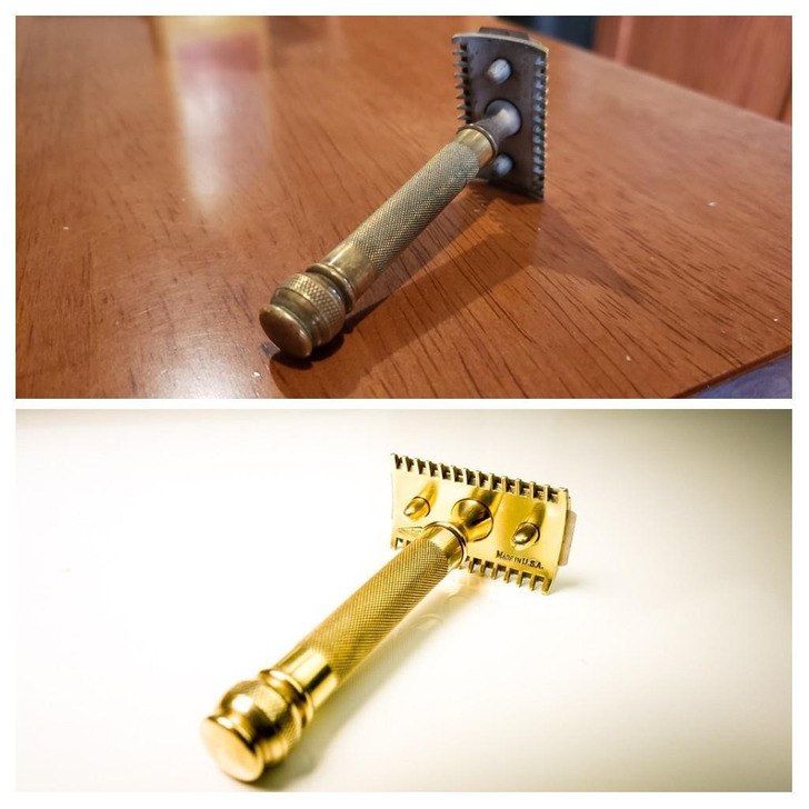 A Great-Grandfather’s Brass Razor From the Early 1900s, Polished Back to Gold