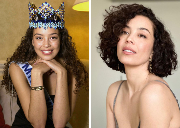 A collage of Miss Swiata posing for a photo wearing a crown and her Miss strip on the left, and on the right a photo of her with shorter hair nowadays.