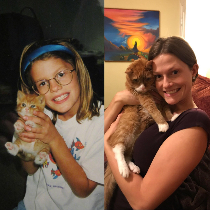 A Girl and Her Cat Fritz, 20 Years Apart
