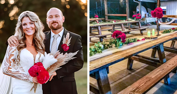 A couple getting married and the tables set-ups with red flowers on top.