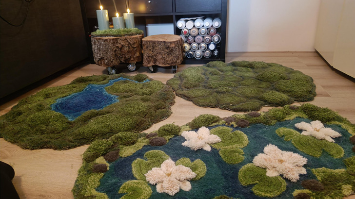 No Yard, So a Tufting Corner and Rugs That Look Like Moss