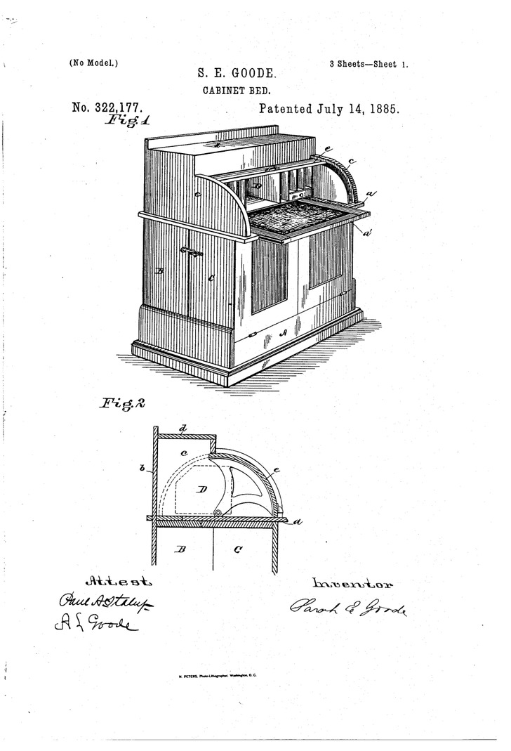 Sarah E. Goode’s patent drawing for a cabinet bed, 1885