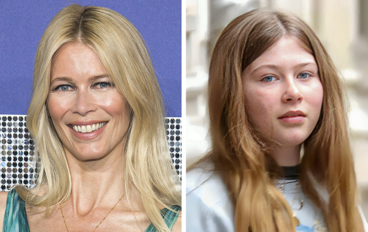 Side by side close-ups of Claudia Schiffer and her daughter Clementine Poppy De Vere Drummond.