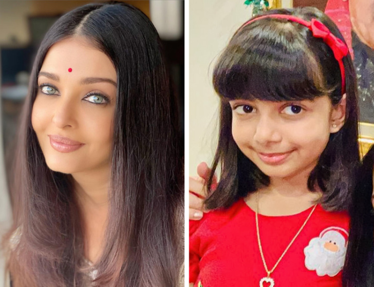 Side by side close-ups of Aishwarya Rai and her daughter.