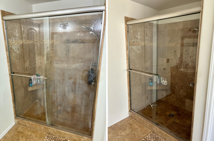 Shower Door Glass After Nearly 10 Years of Hard Water, Cleared in 3 Hours