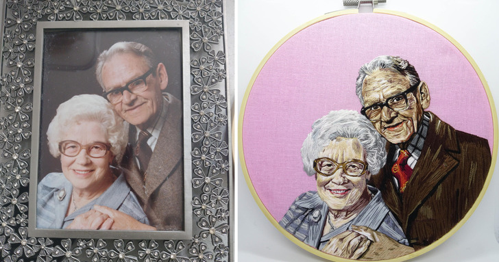 Great-Grandparents in Thread, Hung Next to the Framed Photo They Came From