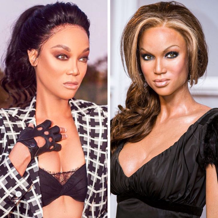 This is Tyra Banks. Which picture shows his wax figure?