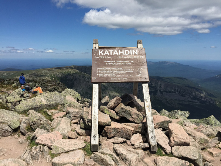 The sign at the summit of Katahdin, where the trail ends
