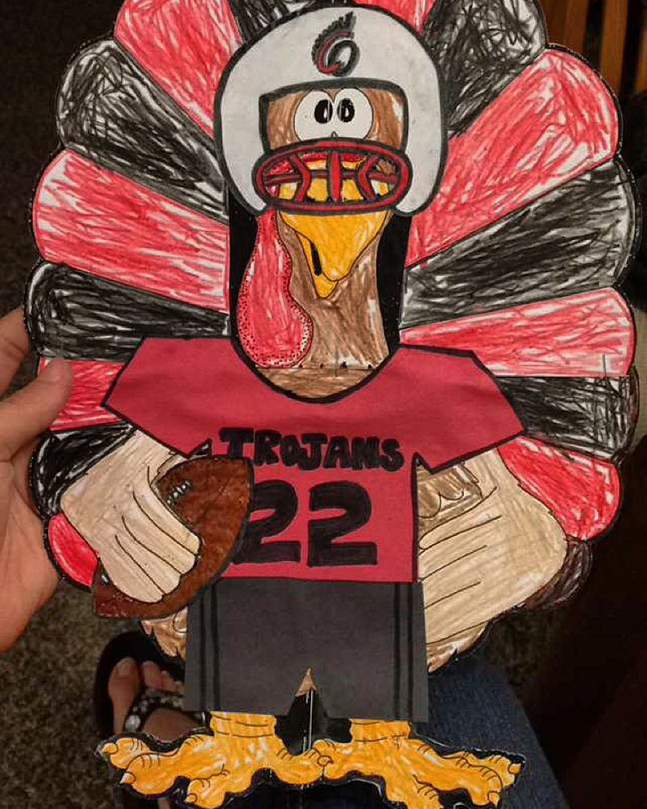 A Turkey Disguised as a Football Player, With a Little Costume Made at Home