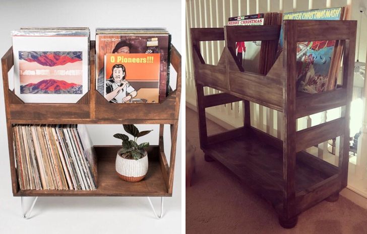 A side-by-side comparison of a manufactured wooden vinyl storage versus a home made one.