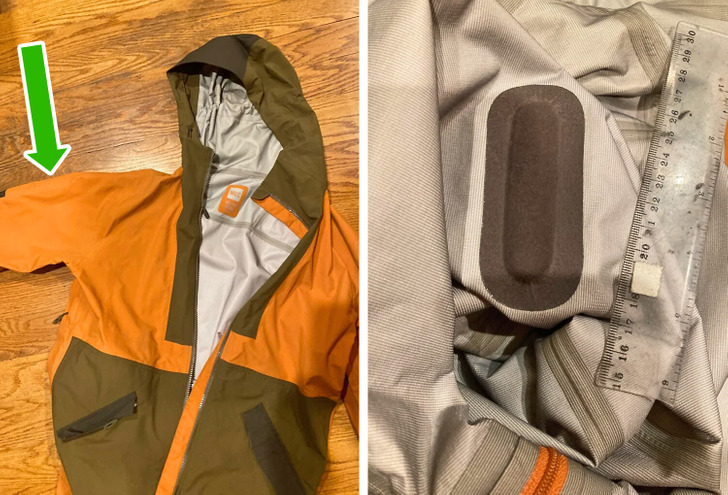 Two photos of a orange jacket, one of the exterior part, and the other of the interior.