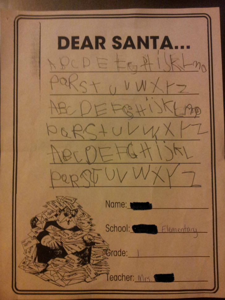 A First-Grade Class Was Told to Write to Santa, and One Student Wrote the Alphabet
