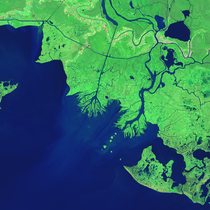 The Wax Lake and Atchafalaya deltas from space, October 2014