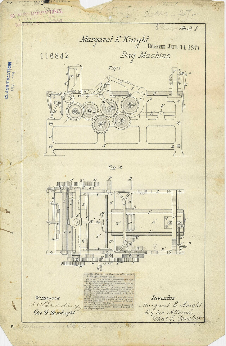 Her bag machine patent, July 11, 1871