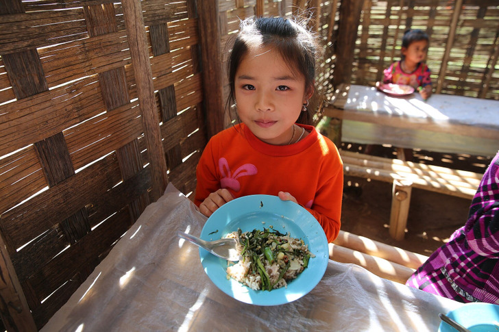 Illustrative photo: a girl with a WFP school meal in Laos