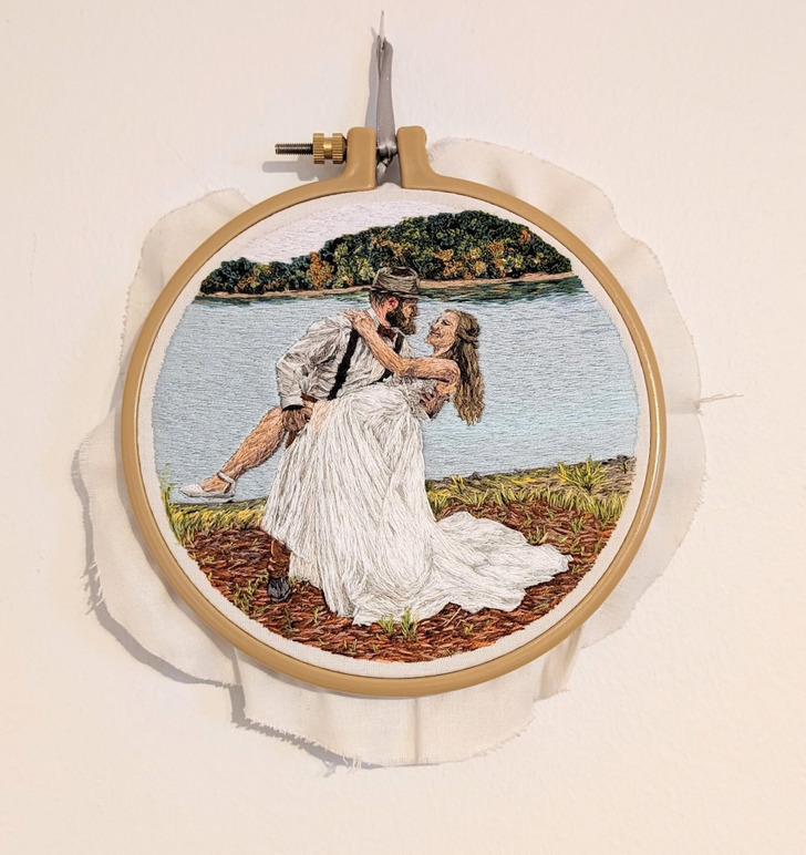 A Friend's Wedding Photo, Stitched With About 5 Shades of Floss for Each Face