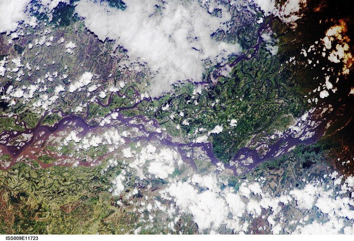 Majuli island in the Brahmaputra River, seen from the International Space Station, 2004