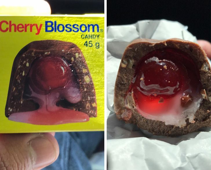 A side by side comparison of a cherry blossom candy, the photo of the package and real life.