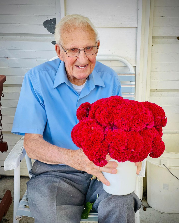 An elderly man sitting down and holding a vase of red flowers.