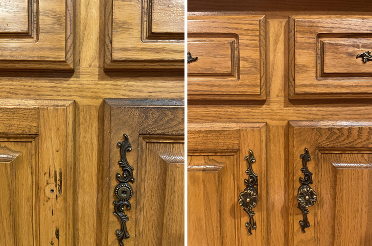 Kitchen Cabinets Under a Deep Crust of Old Grime, Cleaned With Soap and Fine Steel Wool