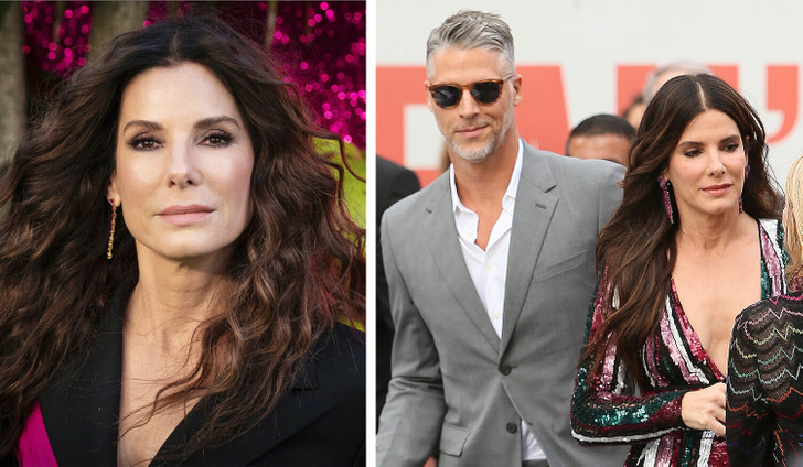 Sandra Bullock in a closeup and with Bryan Randall at different events.
