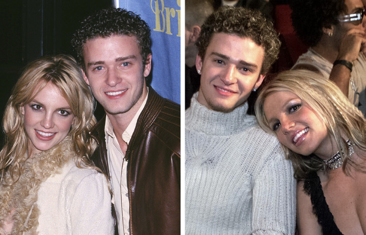 Young Britney Spears and Justin Timberlake posing for photos during separate events.