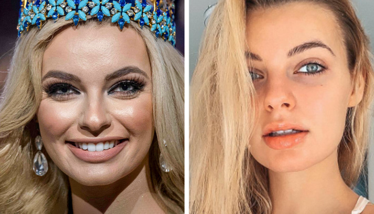 A close-up of a blonde Miss wearing her crown on the left, and on the right, a the same woman in a make-up free selfie.
