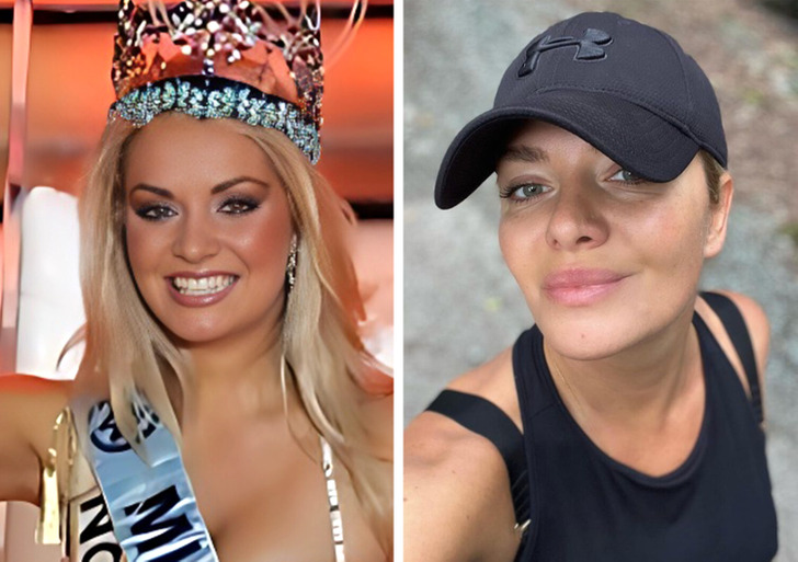 A blonde Miss wearing her crown and smiling for the camera on the left, and on the right, the same woman in a make-up free selfie.