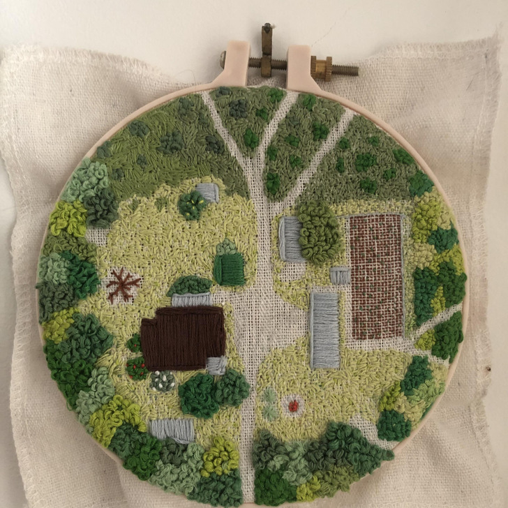 A First Embroidery of the Grandparents' Farm, Hung by the Front Door
