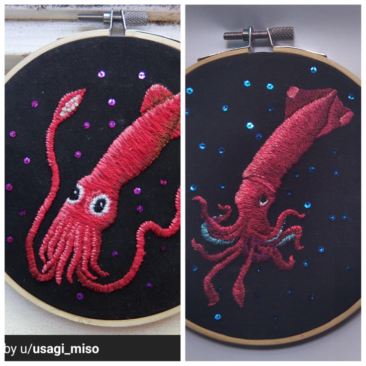 A Squid Stitched Again Years Later, While the First One Went to a Kid Who Loves Squids